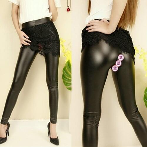 Outdoor Sex Pants Women High Waist PU Leather Pants Sexy Lace Trousers Hidden Zippers Open Crotchless Skinny Leggings Clothes