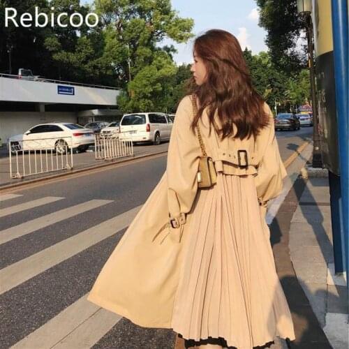 Women Chic Spring Autumn Windbreaker Coat Causal Chiffon Splice Pleated Long Trench Coat Loose Office Lady Belted Thin Trench
