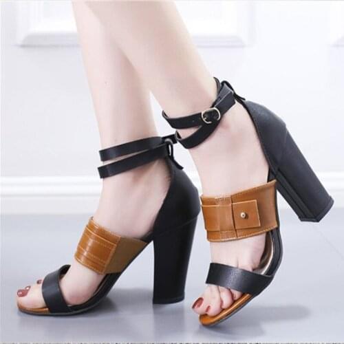 2021 Summer PU Womens Sandals Ankle Strap Mixed Color Woman High Heels Shoe Women Open Toe Fashion Ladies Cover Heels Sandals