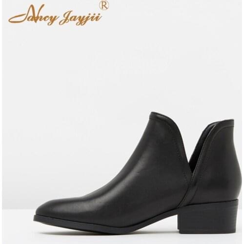 Spring Black Cut Out Boots Plus Size 11 15 Low Heel Ankle Boots Silp On Pointed Toe Solid Adult Woman Shoes Casual Fashion 2019