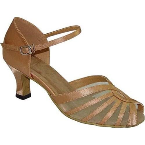 Latin Salsa Tango Dance Shoes PU With Net Brown Black And Heels For choosing Comfortable Latin Dancing Shoes Woman JYG913