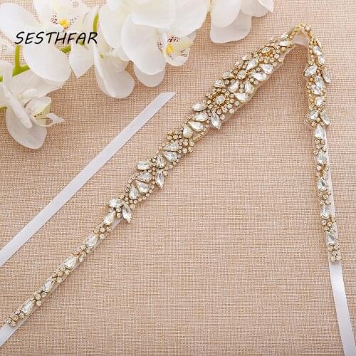 SESTHFAR Rhinestones Wedding Belt Hand Made Bridal Dress Belt Gold Crystal Belt For Woman Dress