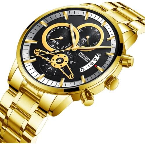 DEDIMA Fashion Mens Watches Top Brand Luxury Wrist Watch Quartz Clock Gold Watch Men Waterproof Chronograph Relogio Masculino