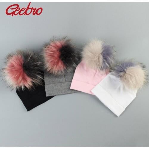 Geebro Baby Cotton Beanies Hats With Patchwork Raccoon Pompom For Newborn Girls Boys Kids Warm Plain Cotton Skullies Beanie