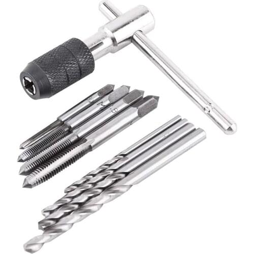 HOT-9Pcs Adjustable T-Handle Ratchet Tap Holder Wrench Tool Set with M3-M6 Screw Thread Metric Plug Tap and 2.5-5.0mm Twist Dril