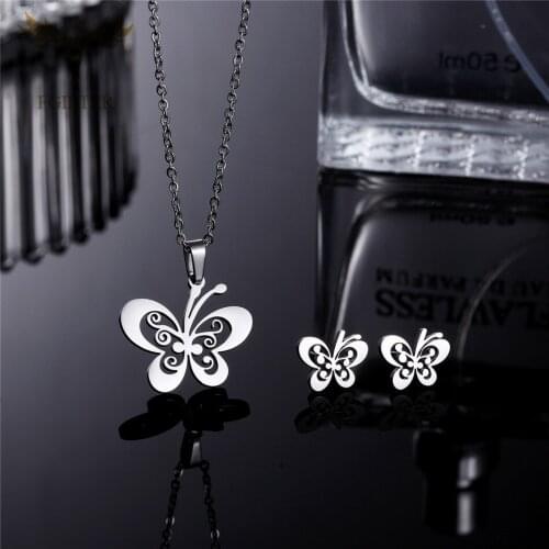Beautiful Silver Color Butterfly Pendant Necklace Earrings Jewelry Sets for Women Girls Stainless Steel Jewelry Wholesale