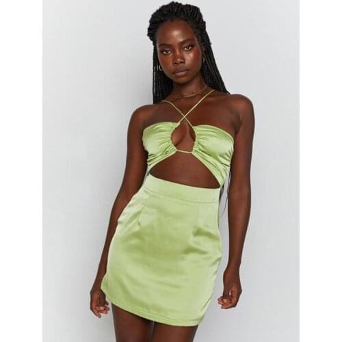 New Womens Temperament Sling Wrap Chest Open Back Solid Color Sexy Lady Mini Dress Halter Lace-Up Sling Slim Clubwear Party