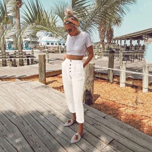 Autumn Women Casual Solid Button Pants Plus Size 3XL Slim Elastic Waist Pencil Pants Comfy Soft Cropped Trousers Pantalon A40