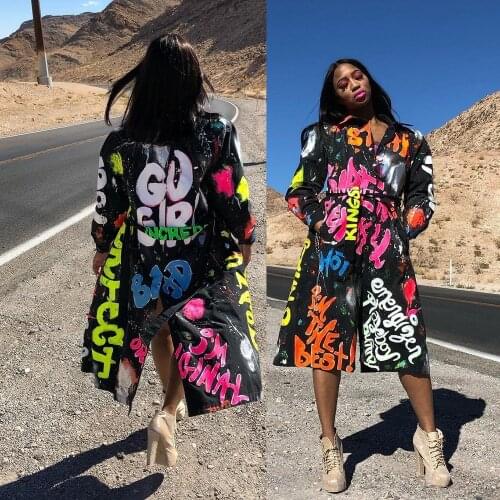 Fashion Letter Print Women Coat Long Sleeve Spring Summer Trench With Sashes Pockets Winter Lightweight Long Black Coat 2021