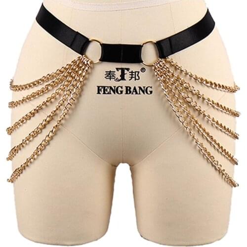 Pastel Goth Body Chain Gold Metal Ring Thigh Strappy Black Waist Suspender Elastic Body Harness Garter Women Bikini Club Dance