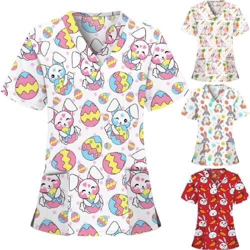 Summer Sexy Medical Uniforms 2021 Women Plue Size Easter Animal Print Casual Short Sleeve V-neck Pocket Nurse Working Tops Mujer