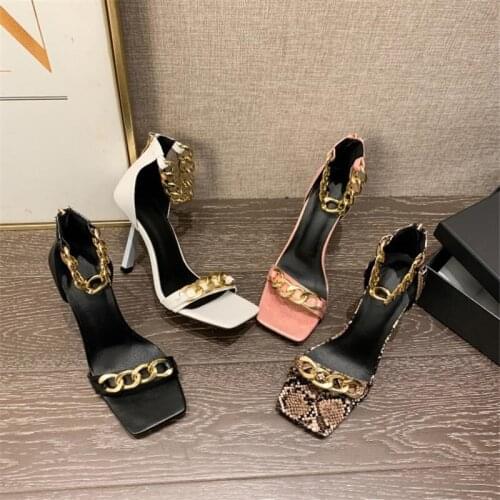 Summer Fashion Square Toe Metal Chain Sandals Womens Sexy Thin High Heel Party Shoes Ladies Pumps Female Footwear Plus Size 42