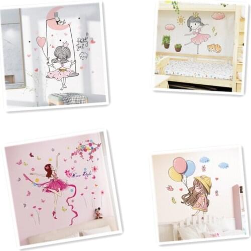 [shijuekongjian] Cartoon Girl Wall Stickers Vinyl DIY Kids Rooms Mural Decals for Baby Bedroom House Decoration Accessories
