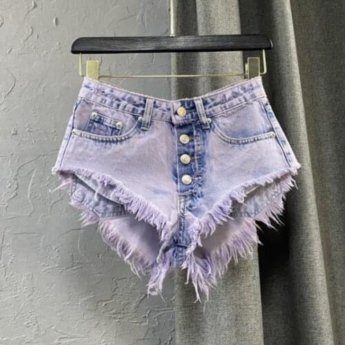 Purple Sexy Low Waist Shorts Women Summer 2021 New Single-Breasted Fringed Burr Short Femme Holiday Seaside Beach