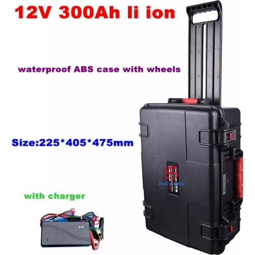 Waterproof 12V 300AH lithium ion battery li ion BMS wheel trolley case for caravan photovoltaic storag solar system +20A Charger