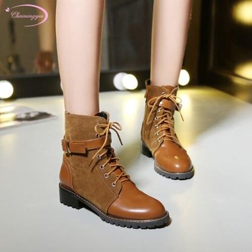 Street style round toe flock ankle boots fashion buckle lace-up zipper medium heel chunky motorcycle boots womens shoes