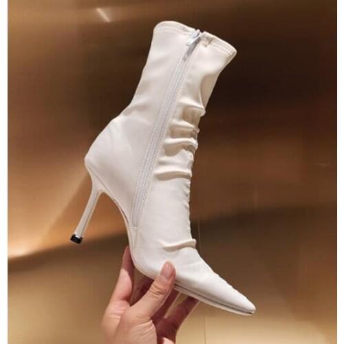 Moraima Snc Autumn Pointed Toe Boots Woman White Stretch Fabric Thin Heels Ankle Boots Fashion Sock Boots