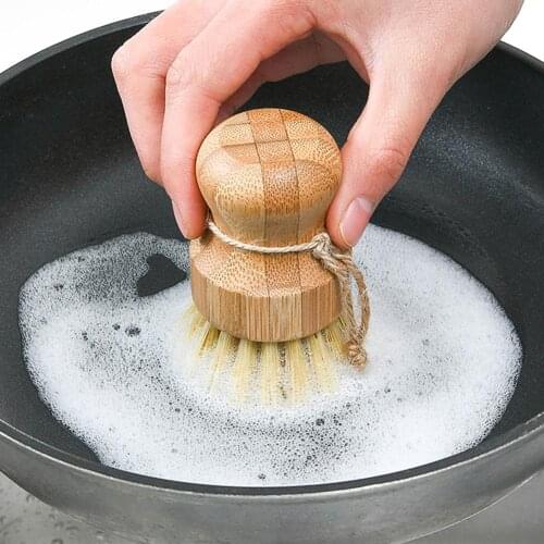 1pc Bamboo Palm Kitchen Pan Pot Cleaning Brush Short Handle Round Mini Scrub Brush Wet Cleaning Scrubber Kitchen Washing Tool