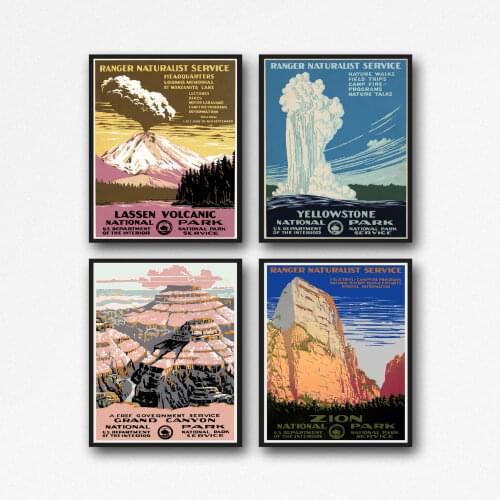 4 National Park Posters from the late 1930s. Yellowstone Lassen Volcanic Grand Canyon and Zion National Park Posters
