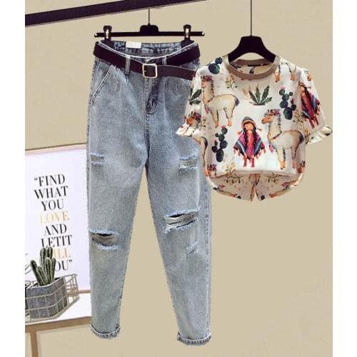 Pant Suit Chiffon Shirt Female Printed Short-sleeved Summer 2021 New Korean Loose High-waist Denim Harem Pants Two-piece