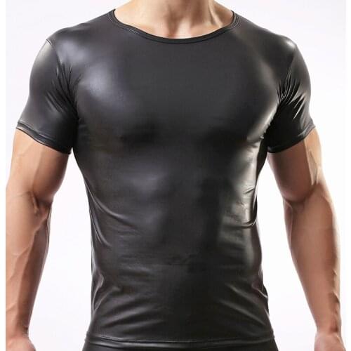 Fashion Brand Men Designer Black Faux Leather Skinny Funny T shirts/Gay Compression Hip Hop Stage Show Tee Shirt/Undershirt
