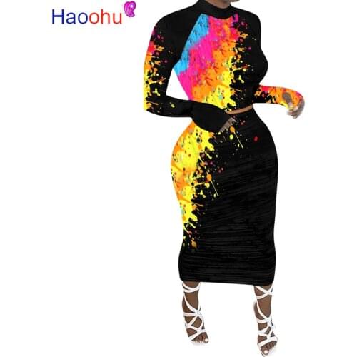 HAOOHU Galaxy Painting Print Long Sleeve Crop Top Bodycon Midi Maxi Skirts Suit Womens Set Sexy Club Party Pencil Long Dress