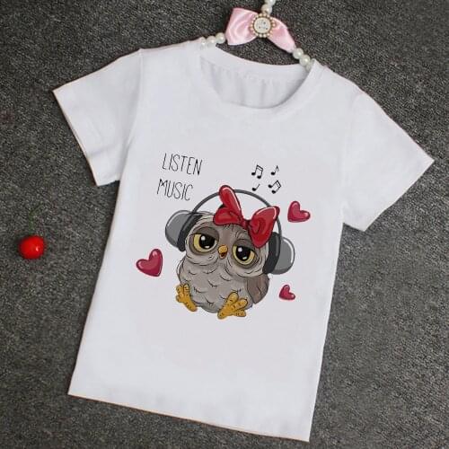 Cute Owl White Tops Fine Boys and Girls Clothes Harajuku Kawaii Kids Summer T-shirt Oversized Short Sleeve Childrens Clothing