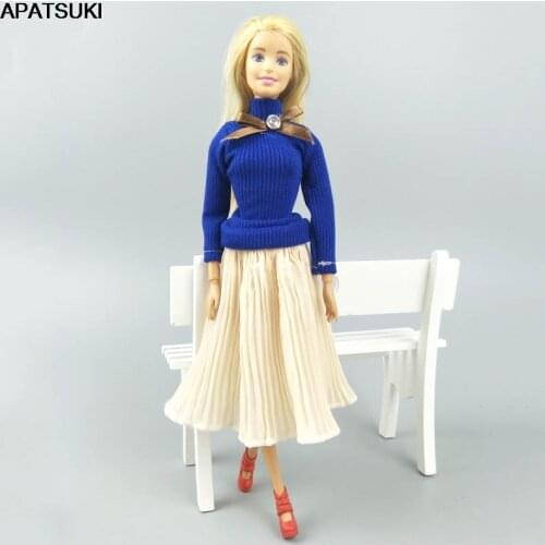 Fashion Doll Clothes For Barbie Dolls Royalblue Top Blouses & Chiffon Pleated Midi Skirt Clothes 1/6 Dolls Accessories Kids Toy