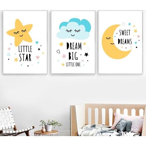 Abstract Star Cloud Moon Sleep Wall Art Poster Big Sweet Deams Heart Print Quotes Canvas Painting Nordic Baby Kids Room Decor