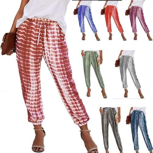 2021new womens beach printing trousers striped tie dyed elastic pants with small feet leisure time pants