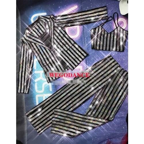 New Silver Rhinestones Bra Short Jacket White Bar Dance Women Singer Show Wear Stage Prom Outfit Set