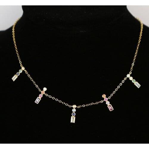 Rainbow cz simple charm delicate women girls jewelry gold color bar shape statement mini charm choker necklaces classic
