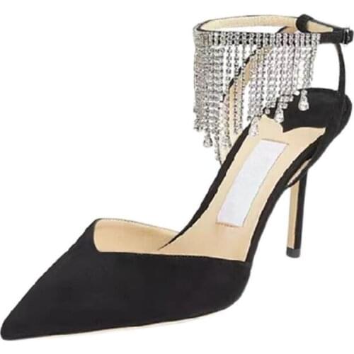 Dipsloot Woman Black Sliver Pointed Toe Crystal Tassel Pumps Female 6 cm 8 cm Stiletto Heels Slingback Dress Party Shoes Lady