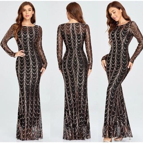 Female Party Dresses 2021 Autumn Winter O-Neck Wave Sequins See Though Women Maxi Dresses Elegant Long Sleeve Black Silver Pink