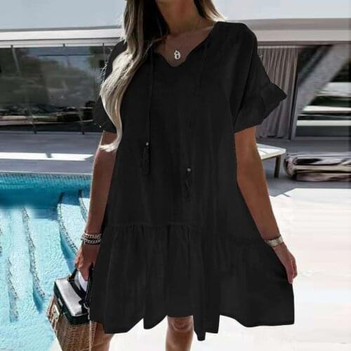 ZANZEA Fashion Summer Women Party Sundress Casual Loose Ruffles Hem Mini Dress V Neck Short Sleeve Solid Vestidos Robe Femme