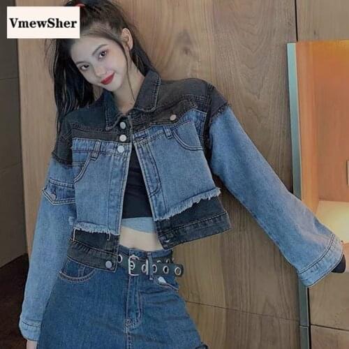 VmewSher New Denim Jackets Women Spliced Jean Jacket Short Coat 2020 Female Patchwork Cool Streetwear Long Sleeve Crop Outwear