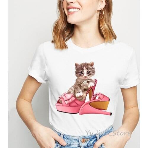 Cute Cat in shoe funny shirt animal print tumblr tshirt femme kawaii summer top female white t-shirt women’s clothing Streetwear