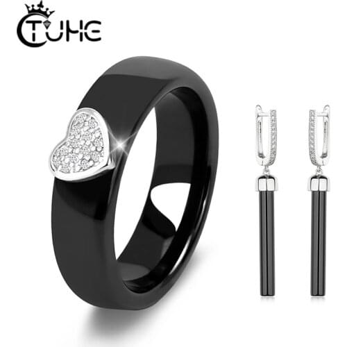 Women Fashion Earrings 6mm Crystal Heart Ceramic Ring Long Drop Earrings Jewelry Set Never Fade Ceramic For Female Girl New Year