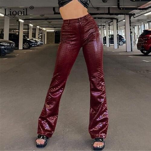 Liooil Faux PU Leather Y2K Flare Pants Women Black Slack Autumn 2021 Streetwear High Waist Sexy Slim Trousers Bell Bottoms Pants