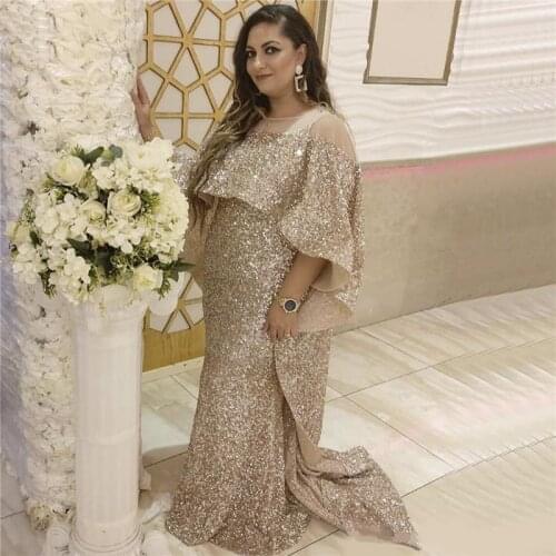 Rose Gold Long Cloak Luxury Evening Dresses 2019 Dubai Sequined Sparkle Mermaid Evening Gowns Vintage Prom Party Dress robe de s