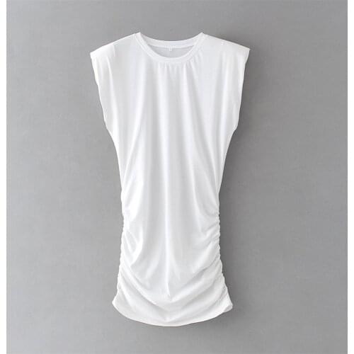 2020 summer womens new French design sexy fashion wild slim thin round neck sleeveless padded shoulder fold mini dress