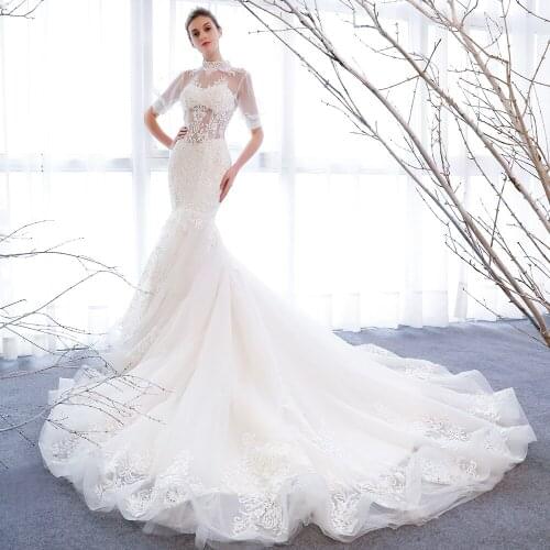 153 wedding dress mermaid vestido de novia con mangas high neck apliques para laços elegant dress