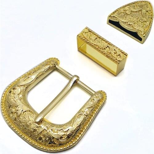 Gold/silver leather belt buckle leather craft floral pattern carved 3pcs/set