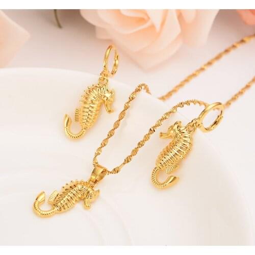 Gold color PNG Necklace pendant Earrings Jewelry Set for Women Party Gift african women lovely seahorse wedding girl kids charm