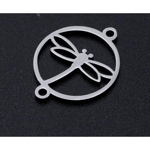 5pcs/lot Round Dragonfly Stainless Steel Connector Charm for Women Bracelets Making Wholesale Necklace Making Connectors Charm
