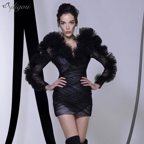 Ailigou 2021 Autumn WomenS Fashion Sexy Nightclub Tulle Long-Sleeved Ruffled Deep V-Neck Tight-Fitting Celebrity Party Dress