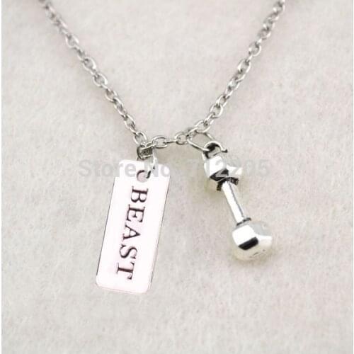 Fitness Weightlifting jewelry 10pcs antique silver Dumbbell barbell and BEAST sport Gym necklaces