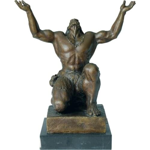 Bronze Male Prayer Statue Blessing Lucy and Happiness Sculpture Figurine Marble Base Art for Home Decoration