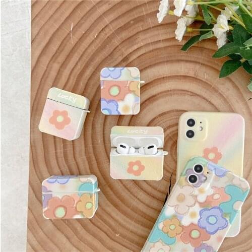 INS Rainbow Flower Earphone Case for Apple AirPods 2 1 Pro Leather Cover Wireless Bluetooth Headphone Protective Case with Ring