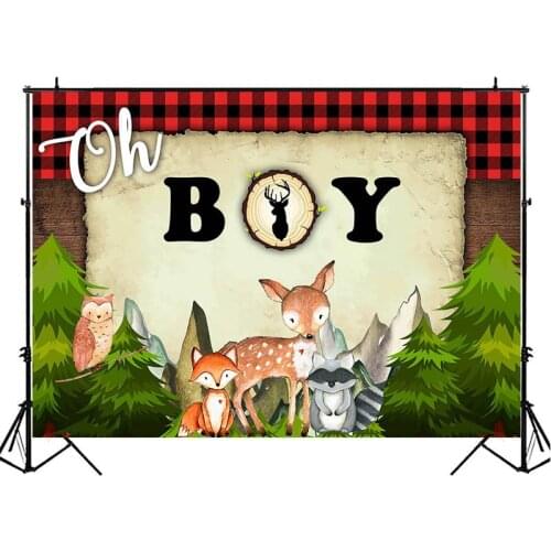 Lumberjack Baby Shower Photography Backdrop Oh Boy Red Black Plaid Background Camping Animal Pine Trees Photo Backgrounds